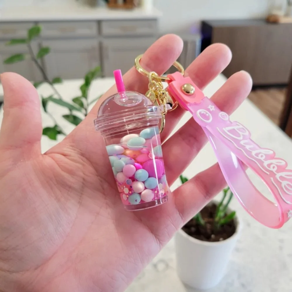 Pink Pearl Bubble Milk Tea‎ Keychain with Gold Accents Boba Drink Purse Charm